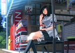  bench black_hair black_legwear camera contemporary eating gashapon gashapon_machine hat kooribata looking_at_viewer red_eyes shameimaru_aya shaved_ice shirt short_hair short_sleeves sitting skirt solo spoon takuzui tokin_hat touhou vending_machine 