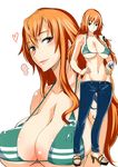  bangle bare_shoulders bikini bikini_top blush bracelet breasts covered_nipples denim earrings groin highres isao jewelry large_breasts lips log_pose long_hair looking_at_viewer nami_(one_piece) navel one_piece open_mouth orange_eyes orange_hair smile solo swimsuit tattoo very_long_hair 