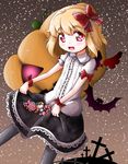  adapted_costume bat blonde_hair blouse candy cookie cross fence food grey_background hair_ribbon halloween heart heart-shaped_pupils highres jack-o'-lantern lollipop looking_at_viewer open_mouth pantyhose puffy_short_sleeves puffy_sleeves red_eyes ribbon roco_(katsuya1011) rumia short_hair short_sleeves simple_background skirt skirt_basket skirt_hold sky solo star_(sky) starry_sky swirl_lollipop symbol-shaped_pupils touhou wrist_ribbon 