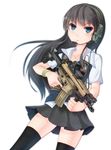  assault_rifle black_hair blue_eyes cellphone digital_media_player dreadtie eotech fn_scar gun headset highres holding holding_gun holding_weapon iphone ipod long_hair looking_at_viewer magazine_(weapon) medal_of_honor military original phone pleated_skirt rifle school_uniform serafuku skirt smartphone solo trigger_discipline vertical_foregrip weapon white_background 