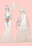  blush bouquet breasts bridal_veil bride cleavage commentary_request crashtv dress flower fujiwara_no_mokou kamishirasawa_keine large_breasts long_hair looking_at_another multiple_girls pink_background red_eyes rose simple_background touhou veil wedding_dress white_hair wife_and_wife yuri 