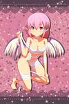  animal_ears bandages barefoot bird_wings breasts cato_(monocatienus) cleavage collarbone earrings halloween highres jewelry kneeling looking_at_viewer medium_breasts midriff mummy_costume mystia_lorelei naked_bandage navel pink_eyes pink_hair smile solo touhou wings 