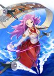  aircraft airplane blazer blush breasts jacket jun'you_(kantai_collection) kantai_collection kishiro_(michiko) long_hair long_skirt magatama medium_breasts purple_eyes purple_hair scroll shikigami skirt smile solo spiked_hair water 