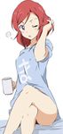  adjusting_hair bare_legs breasts clothes_writing covered_nipples crossed_legs cup hair_tousle hand_in_hair looking_at_viewer love_live! love_live!_school_idol_project medium_breasts mug nishikino_maki one_eye_closed open_mouth purple_eyes red_hair shirt short_hair sitting solo t-shirt thighs umanosuke 