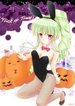  animal_ears bow bowtie bunny_ears bunny_tail bunnysuit detached_collar drill_hair fishnet_pantyhose fishnets galaxy_angel green_hair halloween jack-o'-lantern long_hair normad pantyhose ponytail pumpkin red_eyes tail traditional_media vanilla_h yufuji_saeka 