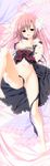  absurdres breasts convenient_censoring d: dakimakura dress fang half-closed_eyes highres himawari_no_kyoukai_to_nagai_natsuyasumi huge_filesize inugami_kira legs long_hair lying natsusaki_yomi navel nipples no_panties on_back open_mouth pink_hair purple_eyes pussy_juice ribbon small_breasts solo spread_legs star star_print 