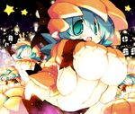  &gt;_&lt; 6+girls blue_eyes blue_hair blush bottomless breasts cleavage eyes_closed female halloween hat large_breasts multiple_girls night no_nipples original pointy_ears pumpkin sakaki_(noi-gren) short_hair smile underboob 