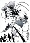  6j-k-en1223 absurdres adjusting_clothes adjusting_shorts aya_(oneechanbara) belt bikini_top cowboy_hat fingerless_gloves from_behind fur_trim gloves hat highres katana long_hair monochrome oneechanbara shorts solo_focus sword thighhighs weapon western zombie 