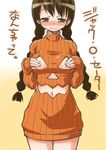  akou_roushi blush braid breasts brown_eyes brown_hair covering covering_nipples gradient gradient_background halloween large_breasts long_hair looking_at_viewer navel orange_shirt original ribbed_sweater shirt simple_background smile solo sweater translated turtleneck twin_braids 