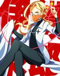  androgynous bad_id bad_pixiv_id banned_artist blonde_hair crossed_legs glasses holding_needle iori_shirou kill_la_kill life_fiber long_hair male_focus mask needle sewing sitting solo thread torino_rito 