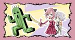  1boy 1girl animal_ears cactaur cactuar cat_ears dress final_fantasy final_fantasy_xiii hope_estheim lightning_farron lightning_returns:_final_fantasy_xiii long_hair mf_(mizukif) open_mouth pink_hair sabotender short_hair standing sword weapon 