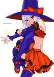  alternate_costume bangs bare_shoulders bow capcom_fighting_jam detached_sleeves frills halloween happy_halloween hat hat_bow highres ingrid leg_up long_hair mary_janes nail_polish purple_legwear red_eyes shoes skirt smile solo strapless tetsu_(kimuchi) thighhighs toned tubetop white_hair witch_hat 