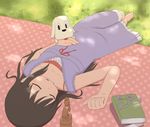  bare_shoulders barefoot black_hair blanket book buddha carving closed_eyes collarbone dappled_sunlight dog dress eyewear_removed flower glasses grass long_hair lying minakami_mai nichijou on_back outdoors parted_lips sleeping statue sunlight tomboo 