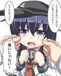  admiral_(kantai_collection) age_conscious akatsuki_(kantai_collection) angry blue_hair cheek_pull dress hat kantai_collection long_hair open_mouth purple_eyes school_uniform serafuku solo_focus tenken_(gotannda) translated 