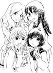  blush couple crossover girl_friends_(manga) glasses greyscale heart heart_hands heart_hands_duo kazama_ushio kumakura_mariko lineart long_hair monochrome multiple_girls murasame_sumika oohashi_akiko sasameki_koto school_uniform serafuku shimura_takako short_hair simple_background smile translated v white_background yuri 