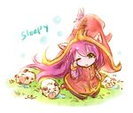  :3 =_= drooling fairy green_eyes hat horns league_of_legends long_hair lulu_(league_of_legends) one_eye_closed open_mouth pix poro_(league_of_legends) purple_hair rubbing_eyes sketch sleeping sleepy sueyen tongue 