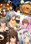  6+girls admiral_(kantai_collection) aircraft airplane akagi_(kantai_collection) apron bangs blue_eyes brown_eyes brown_hair earrings fairy_(kantai_collection) folded_ponytail food fruit hair_ornament halloween haruna_(kantai_collection) hatsuyuki_(kantai_collection) highres hug ichikawa_feesu inazuma_(kantai_collection) jack-o'-lantern jack-o'-lantern_hair_ornament jewelry kantai_collection kongou_(kantai_collection) long_hair majokko_(kantai_collection) melon military military_uniform multiple_girls mutsu_(kantai_collection) naked_apron naval_uniform ponytail pumpkin shoukaku_(kantai_collection) silver_hair skeleton_costume uniform yuubari_(kantai_collection) 