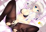  bed blue_eyes bra breasts cleavage izayoi_sakuya open_legs open_shirt panties pantyhose tagme torn_clothes touhou underwear 