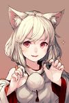  animal_ears blush claws detached_sleeves eyelashes face fang fingernails hands inubashiri_momiji junwool looking_at_viewer no_hat no_headwear red_eyes short_hair silver_hair sketch smile solo sparkle touhou upper_body wolf_ears 