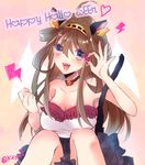  alternate_costume animal_ears artist_name bad_id bad_pixiv_id bare_shoulders blush brown_eyes brown_hair cat_ears cat_tail choker double_bun halloween headgear heart kantai_collection kemonomimi_mode kongou_(kantai_collection) long_hair minaki_rena open_mouth rattle sitting skirt sleeveless solo tail text_focus 