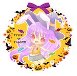  animal_ears bad_id bad_pixiv_id bat bunny_ears bunny_tail candy chibi food ghost halloween hat jack-o'-lantern jumping long_hair looking_at_viewer pumpkin red_eyes reisen_udongein_inaba solo tail touhou trick_or_treat very_long_hair witch_hat yuzuki_(manabi0214) 