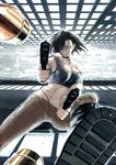  abs black_hair boots building bullet bullet_time car choker combat_boots dual_wielding falling ground_vehicle gun handgun highres holding midair midriff motor_vehicle original panties pistol short_hair solo thong toned underwear weapon 