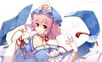 blush breasts bug butterfly cleavage fan folding_fan hat hitsuki_rei insect japanese_clothes large_breasts looking_at_viewer off_shoulder pink_hair red_eyes saigyouji_yuyuko short_hair smile solo touhou triangular_headpiece 