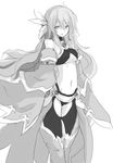  breasts fiana_else greyscale long_hair looking_at_viewer medium_breasts monochrome navel original simple_background smile solo white_background yu-ves 