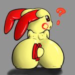  ? abstract_background anus back_turned big_butt blush butt female from_behind looking_at_viewer nintendo nude plain_background plusle pok&#233;mon pok&eacute;mon pussy red_eyes roy_mccloud solo video_games 