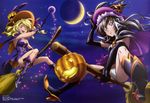  absurdres black_hair blonde_hair blue_eyes boots breasts broom brown_eyes cape cleavage crescent_moon gloves halloween hat highres ichikawa_yoshiyuki jack-o'-lantern legs long_hair medium_breasts megami moon multiple_girls night non-web_source official_art oribe_ayane panties shinomori_maya short_hair sky spread_legs star_plus_one underwear witch_hat 