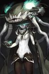  aqua_eyes benitama bodysuit breasts cape enemy_aircraft_(kantai_collection) gloves glowing glowing_eyes hat kantai_collection long_hair looking_at_viewer medium_breasts monster pale_skin shinkaisei-kan silver_hair solo wand wo-class_aircraft_carrier 