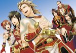  1girl beard bell black_hair blonde_hair brown_hair ding_feng facial_hair female gan_ning gloves green_eyes ling_tong long_hair low_ponytail lu_meng lu_xun male multiple_boys open_mouth ponytail shin_sangoku_musou shirtless short_hair sun_shang_xiang tattoo 