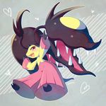  blush extra_mouth fang gen_3_pokemon mawile mega_mawile mega_pokemon no_humans open_mouth outstretched_arms pokemon pokemon_(creature) red_eyes signature simple_background solo 