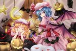  bad_id bad_pixiv_id bat_wings blonde_hair blue_hair capelet elbow_rest flandre_scarlet halloween hat hat_ribbon jack-o'-lantern multiple_girls red_eyes remilia_scarlet ribbon side_ponytail smile touhou white_crow wings 