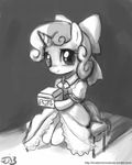  box cute dress equine female feral friendship_is_magic hair horn horse john_joseco looking_at_viewer mammal monochrome my_little_pony pony smile solo sweetie_belle_(mlp) unicorn young 