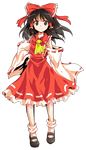  alphes_(style) ascot black_eyes black_hair dairi detached_sleeves dress full_body hair_ornament hair_tubes hakurei_reimu hand_on_hip long_hair long_sleeves looking_at_viewer parody red_dress smile solo style_parody touhou transparent_background wide_sleeves 