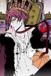  basketball chair crown diabolik_lovers green_eyes heart highres jacket jewelry mesubuta necklace open_clothes open_jacket open_shirt red_hair ribbon sakamaki_ayato shirt short_hair 