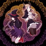  alternate_hairstyle bad_id bad_pixiv_id black_hair blonde_hair blue_eyes capelet dual_persona giorno_giovanna haruno_shiobana hat horns jojo_no_kimyou_na_bouken long_hair meron multiple_girls purple_hair witch witch_hat 