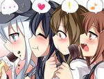  ... 4girls akatsuki_(kantai_collection) bad_id bad_pixiv_id black_hair blue_eyes blue_hair brown_eyes brown_hair eating eighth_note hat heart hibiki_(kantai_collection) ikazuchi_(kantai_collection) inazuma_(kantai_collection) kantai_collection knbilove multiple_girls musical_note neckerchief school_uniform serafuku silver_hair spoken_ellipsis spoken_exclamation_mark spoken_heart spoken_musical_note 