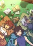  3boys book candy character_request child highres indoors lvlv male male_focus multiple_boys pillow sleeping vest 