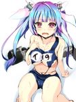  bangs blue_hair blunt_bangs breasts gin'ichi_(akacia) hair_ornament hair_ribbon highres i-19_(kantai_collection) kantai_collection large_breasts long_hair looking_at_viewer multicolored_hair one-piece_swimsuit purple_eyes red_eyes ribbon school_swimsuit simple_background sketch solo swimsuit tears torn_clothes torn_swimsuit twintails two-tone_hair white_background 