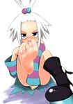  1girl akita_chika barefoot blush boots feet gym_leader homika_(pokemon) pokemon pokemon_(game) pokemon_bw pokemon_bw2 soles steam sweat toes white_hair 