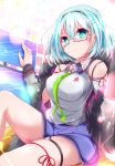  1girl aqua_eyes aqua_hair crash_fever hair_ornament highres legband nanaume_(shichimi_tougarashi) necktie semi-rimless_eyewear short_hair skirt trebla under-rim_eyewear 