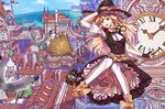  bad_id bad_pixiv_id blonde_hair braid broom broom_riding goggles goggles_around_neck hand_on_headwear hand_up hat hat_ribbon highres kirisame_marisa long_hair ribbon side_braid solo thighhighs thighs touhou town white_legwear witch_hat xiaoai yellow_eyes 