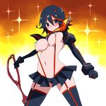  1girl black_hair blush breasts gloves kill_la_kill matoi_ryuuko nipple nipples senketsu short_hair skirt tyobimiru weapon 