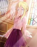  ^_^ artist_request blonde_hair blouse bow brooch church clarice_(idolmaster) closed_eyes frills idolmaster idolmaster_cinderella_girls indoors instrument jewelry long_hair official_art organ pipe_organ skirt smile solo stained_glass sunlight 