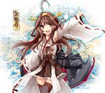  ahoge armpits black_legwear brown_eyes brown_hair candy detached_sleeves food hair_ornament highres huge_ahoge japanese_clothes kantai_collection kongou_(kantai_collection) long_hair long_sleeves looking_at_viewer nontraditional_miko open_mouth outstretched_arms sash sayagata shippou_(pattern) shirt skirt smile solo thighhighs very_long_hair wide_sleeves yuya_(night_lily) zettai_ryouiki 