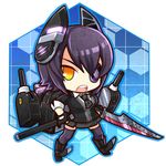  :o cardigan chibi eyepatch fingerless_gloves full_body gloves headgear kantai_collection looking_at_viewer machinery necktie open_mouth purple_hair short_hair socha solo sword tenryuu_(kantai_collection) thighhighs transparent_background turret weapon yellow_eyes 