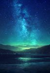  blue building cloud gradient_sky highres lake lamppost milky_way mks mountain night night_sky no_humans original outdoors reflection scenery sky star_(sky) starry_sky water 