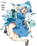  alternate_breast_size bare_legs blue_eyes blue_hair blush bow breasts cirno covered_nipples dress hair_bow highres ice ice_wings kariinu large_breasts mary_janes measurements no_panties older open_mouth shoes short_hair smile solo touhou wings 